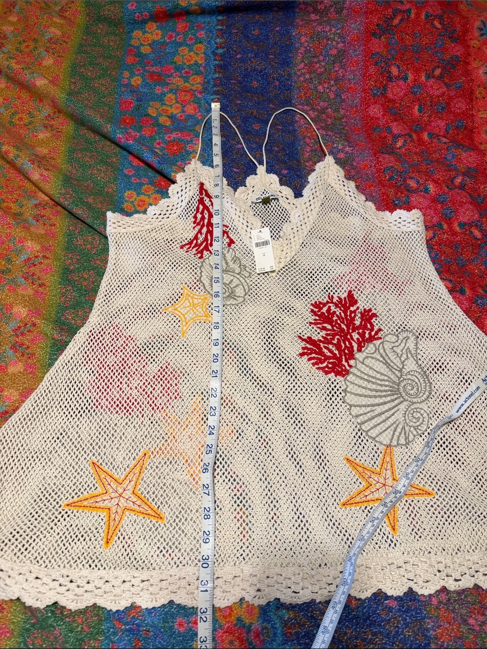 Anthropologie Cream Crochet Mesh Swim Coverup with Red and Yellow Embroidery - Picture 8 of 10
